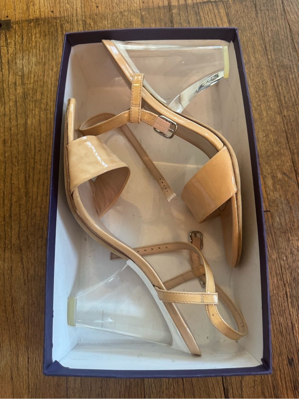 Stuart Weitzman Patent Nude Strappy Heels with Clear Block Heel